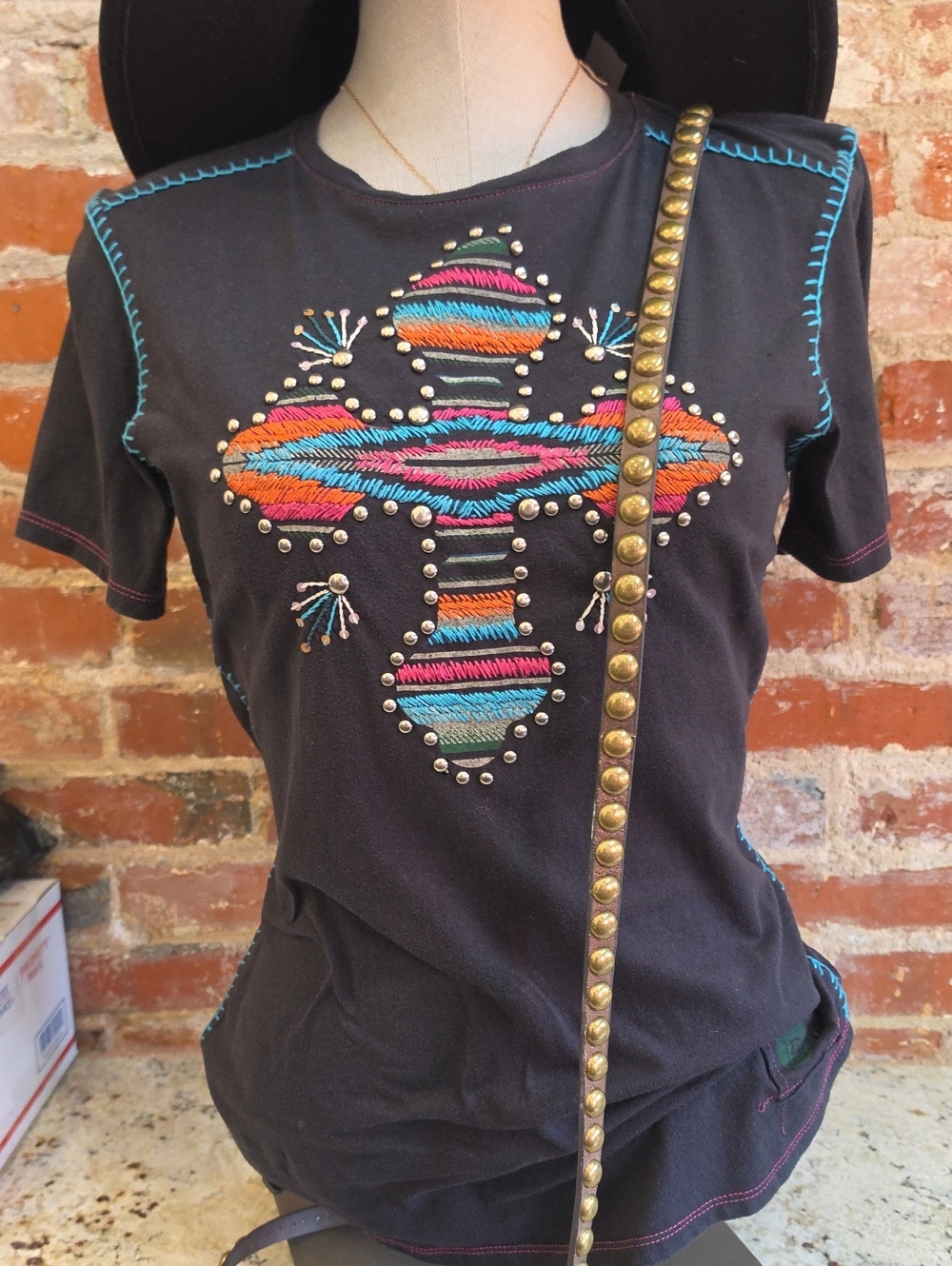 Double D Ranch Black Short-Sleeve Top with Multicolor Embroidered Cross